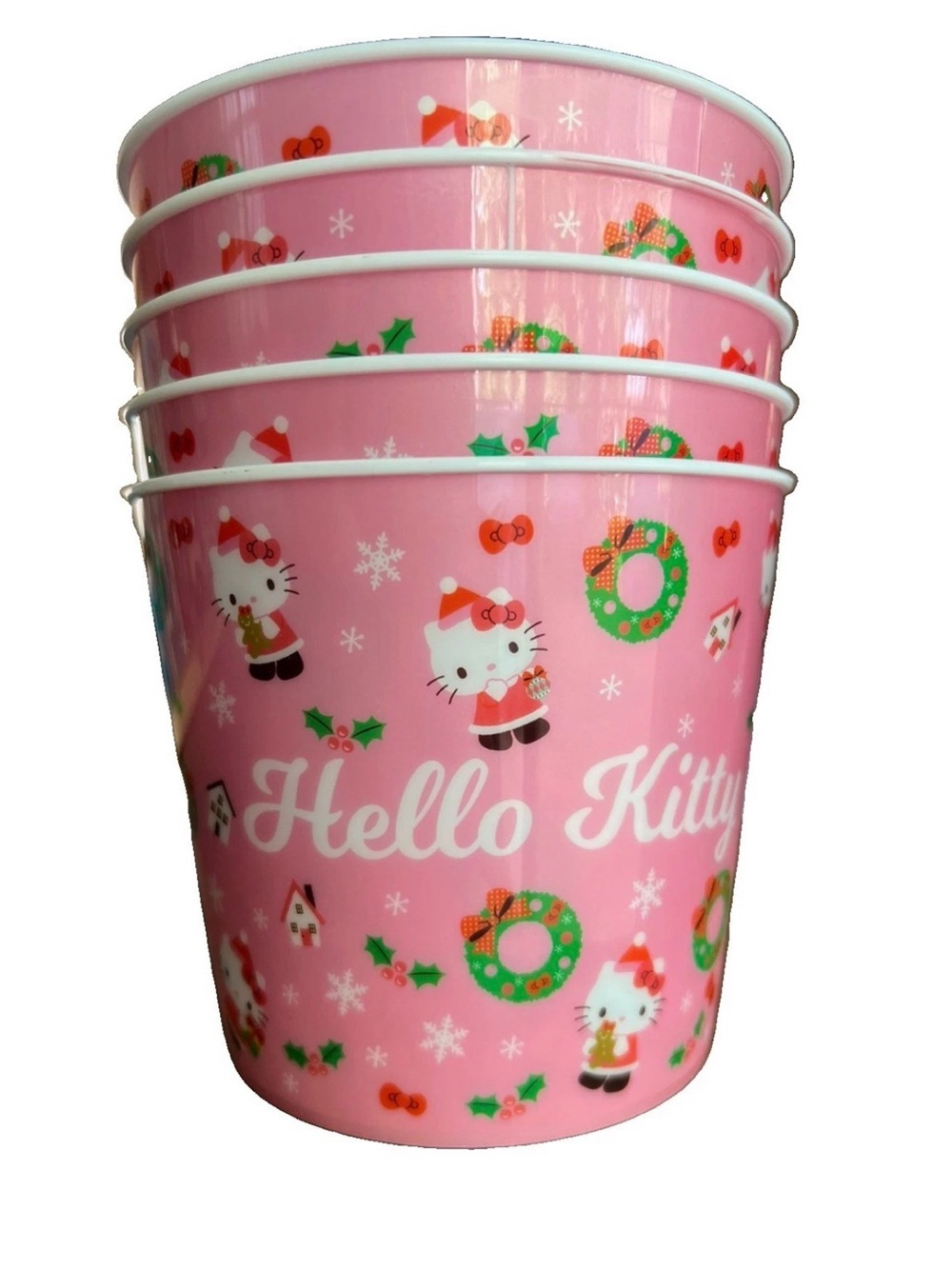 Lot of 5 Sanrio Hello Kitty Christmas Plastic Buckets Pink Wreath Holiday Pail
